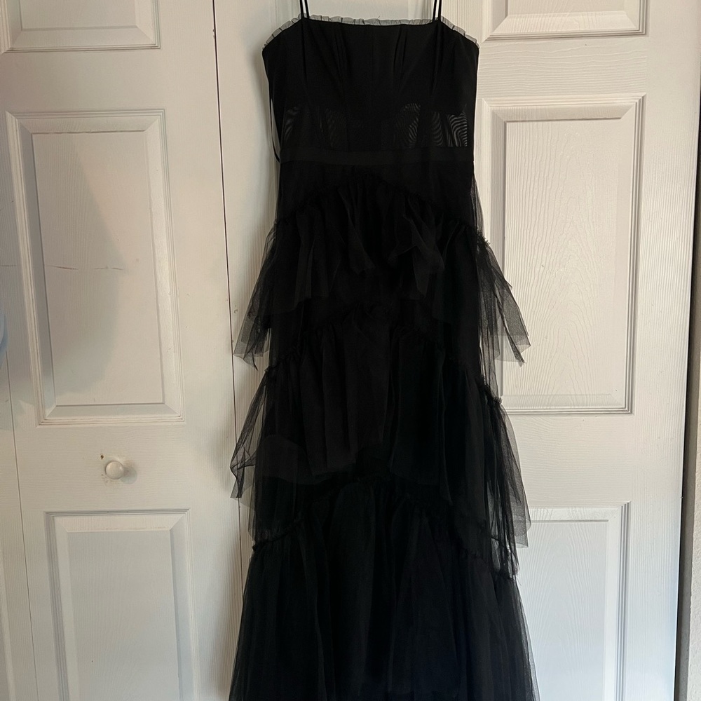BCBG Black Mesh Dress / Oly Tiered Ruffle Tulle Evening Gown